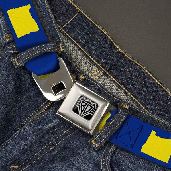 Buckle-Down BD Wings Logo CLOSE-UP Full Color Black Silver Seatbelt Belt - Oregon State Silhouette Blue/Yellow Webbing