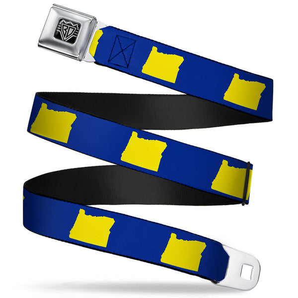 Buckle-Down BD Wings Logo CLOSE-UP Full Color Black Silver Seatbelt Belt - Oregon State Silhouette Blue/Yellow Webbing