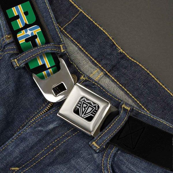 Buckle-Down BD Wings Logo CLOSE-UP Full Color Black Silver Seatbelt Belt - RCTID Black/Portland Flag Webbing
