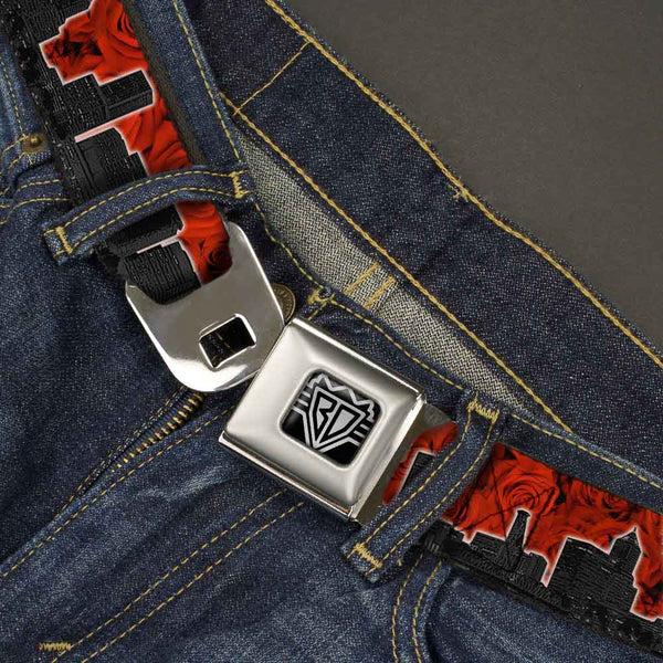 Buckle-Down BD Wings Logo CLOSE-UP Full Color Black Silver Seatbelt Belt - Portland Vivid Skyline Red Roses/Black Webbing