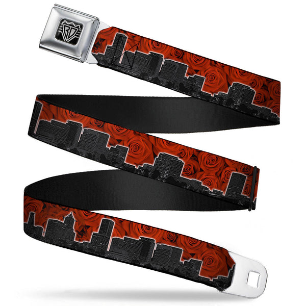Buckle-Down BD Wings Logo CLOSE-UP Full Color Black Silver Seatbelt Belt - Portland Vivid Skyline Red Roses/Black Webbing