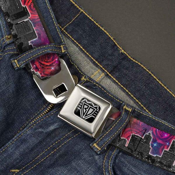 Buckle-Down BD Wings Logo CLOSE-UP Full Color Black Silver Seatbelt Belt - Portland Vivid Skyline Cosmic Roses Webbing