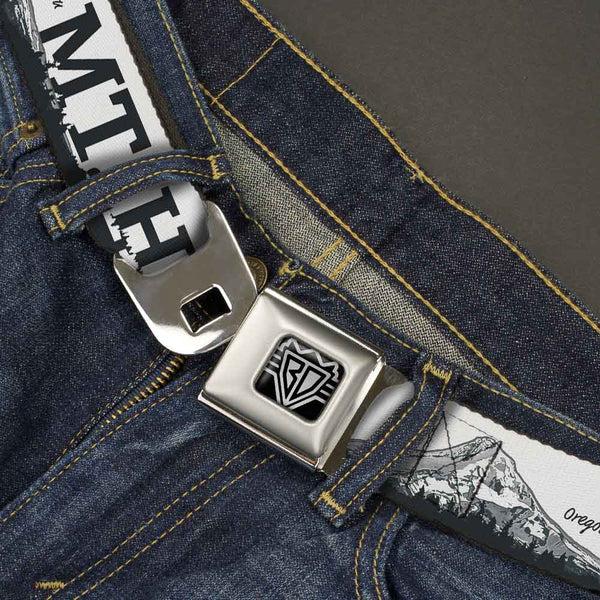 Buckle-Down BD Wings Logo CLOSE-UP Full Color Black Silver Seatbelt Belt - Oregon MT. HOOD Scenery White/Grays Webbing