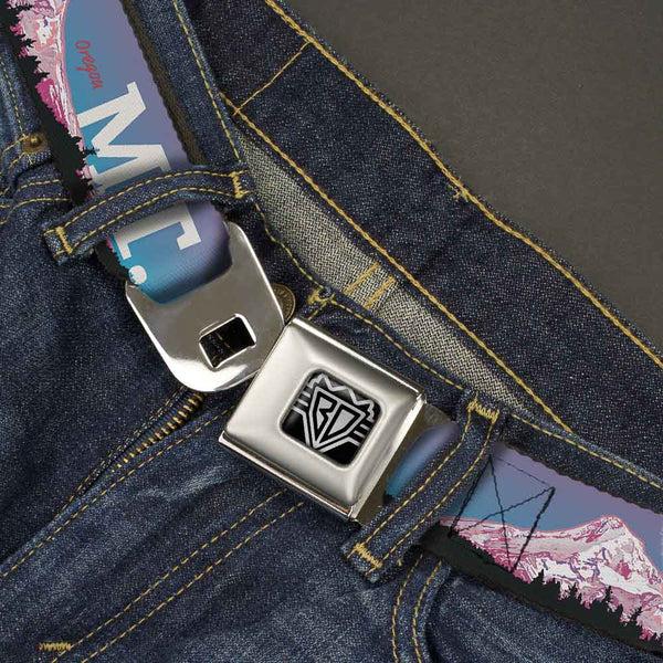 Buckle-Down BD Wings Logo CLOSE-UP Full Color Black Silver Seatbelt Belt - Oregon MT. HOOD Scenery Blues/Purples/Black/White Webbing