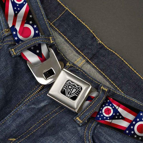 Buckle-Down BD Wings Logo CLOSE-UP Full Color Black Silver Seatbelt Belt - Ohio Flags Stacked Webbing