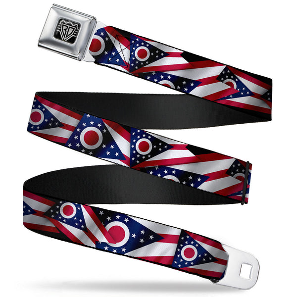 Buckle-Down BD Wings Logo CLOSE-UP Full Color Black Silver Seatbelt Belt - Ohio Flags Stacked Webbing