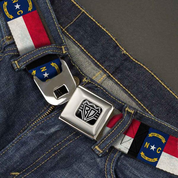 Buckle-Down BD Wings Logo CLOSE-UP Full Color Black Silver Seatbelt Belt - North Carolina Flag Distressed/Black Webbing