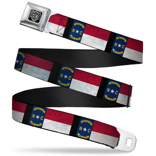 Buckle-Down BD Wings Logo CLOSE-UP Full Color Black Silver Seatbelt Belt - North Carolina Flag Distressed/Black Webbing