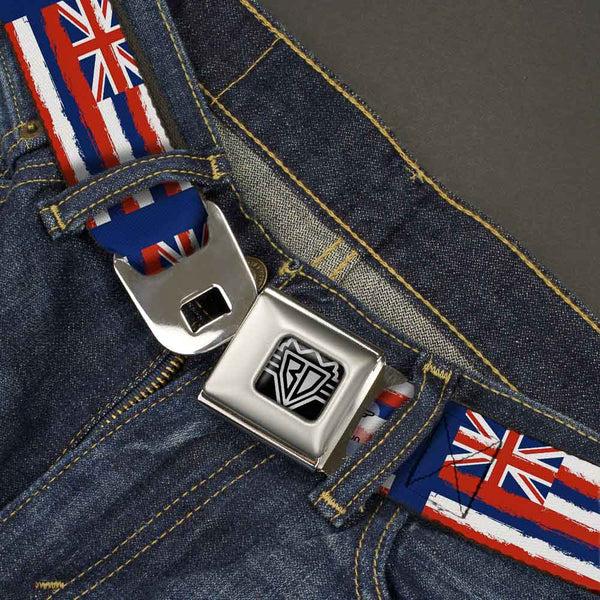 Buckle-Down BD Wings Logo CLOSE-UP Full Color Black Silver Seatbelt Belt - Hawaii Flags Weathered Blue/Red/White Webbing