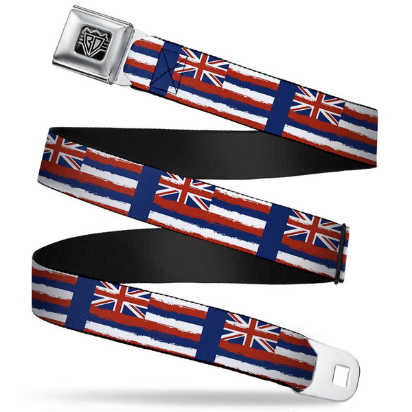 Buckle-Down BD Wings Logo CLOSE-UP Full Color Black Silver Seatbelt Belt - Hawaii Flags Weathered Blue/Red/White Webbing