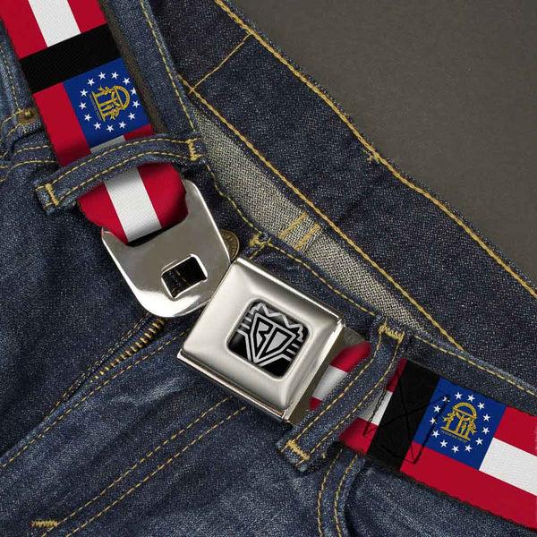 Buckle-Down BD Wings Logo CLOSE-UP Full Color Black Silver Seatbelt Belt - Georgia Flags/Black Webbing