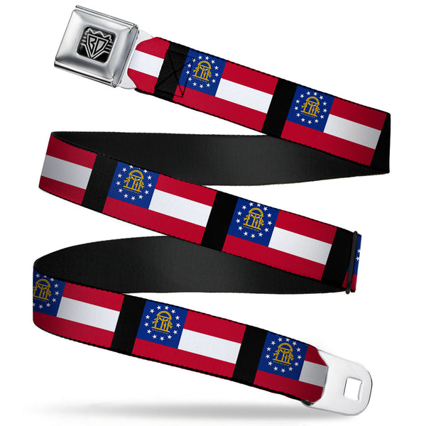 Buckle-Down BD Wings Logo CLOSE-UP Full Color Black Silver Seatbelt Belt - Georgia Flags/Black Webbing