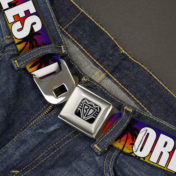 Buckle-Down BD Wings Logo CLOSE-UP Full Color Black Silver Seatbelt Belt - Florida Cities Palm Tree Sunset/White Webbing