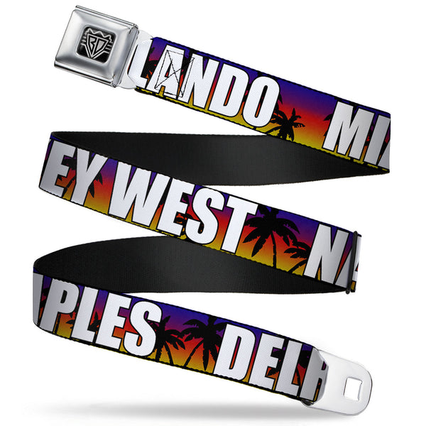 Buckle-Down BD Wings Logo CLOSE-UP Full Color Black Silver Seatbelt Belt - Florida Cities Palm Tree Sunset/White Webbing
