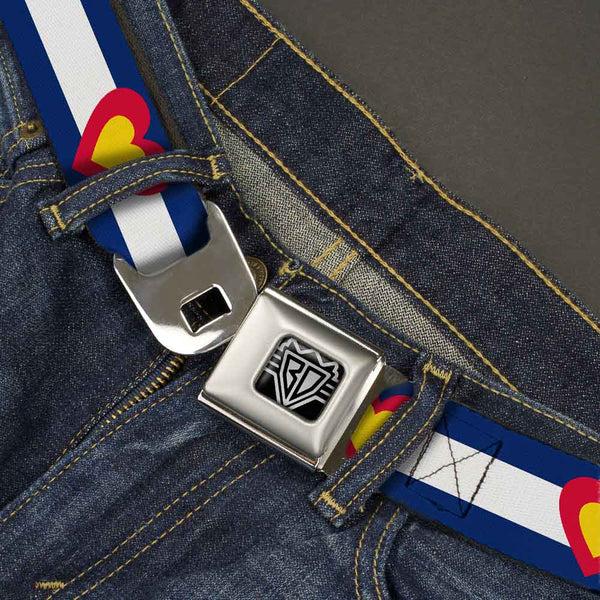Buckle-Down BD Wings Logo CLOSE-UP Full Color Black Silver Seatbelt Belt - Colorado Heart Blue/White/Red/Yellow Webbing