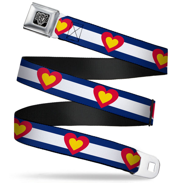 Buckle-Down BD Wings Logo CLOSE-UP Full Color Black Silver Seatbelt Belt - Colorado Heart Blue/White/Red/Yellow Webbing