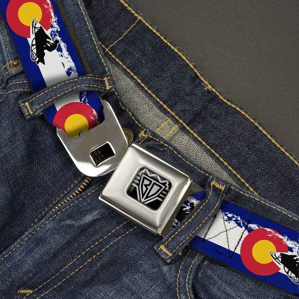 Buckle-Down BD Wings Logo CLOSE-UP Full Color Black Silver Seatbelt Belt - Colorado/Snowmobiler/Mountains Webbing
