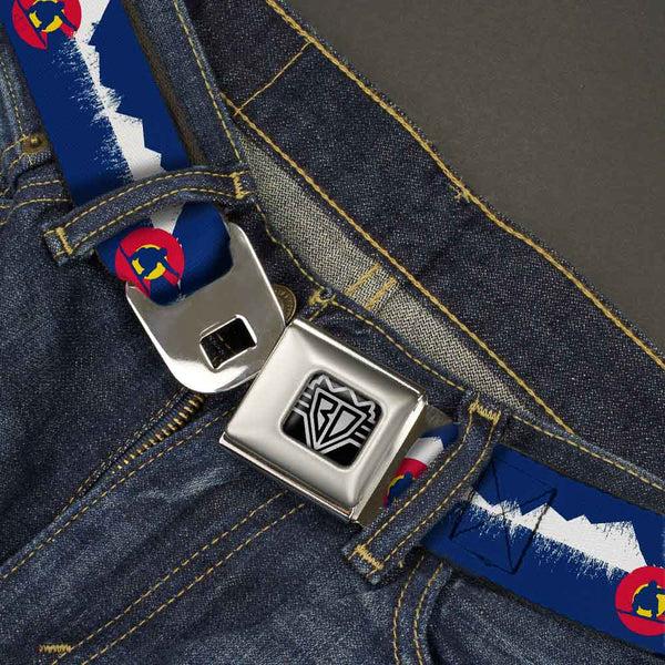 Buckle-Down BD Wings Logo CLOSE-UP Full Color Black Silver Seatbelt Belt - Colorado Snowboarder/Snowy Mountains Weathered Webbing