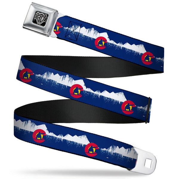 Buckle-Down BD Wings Logo CLOSE-UP Full Color Black Silver Seatbelt Belt - Colorado Snowboarder/Snowy Mountains Weathered Webbing