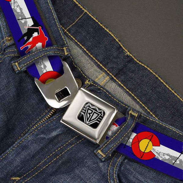 Buckle-Down BD Wings Logo CLOSE-UP Full Color Black Silver Seatbelt Belt - Colorado Skier1 Red/Mountains Webbing