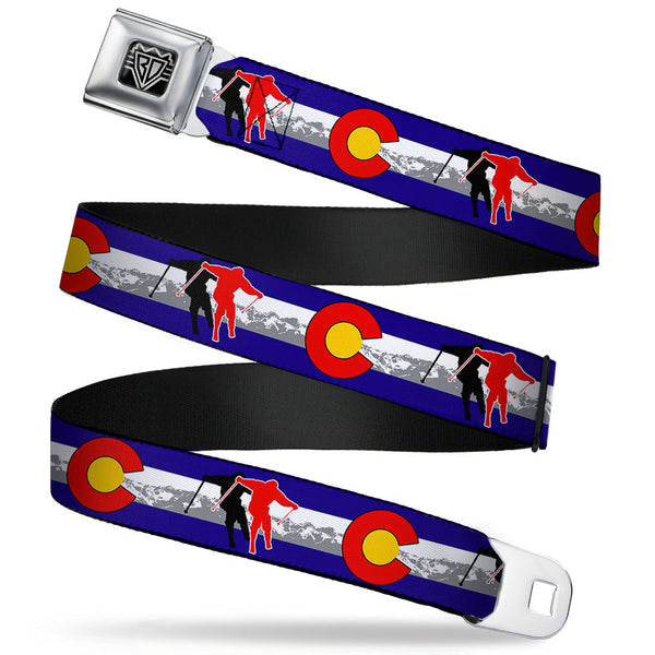 Buckle-Down BD Wings Logo CLOSE-UP Full Color Black Silver Seatbelt Belt - Colorado Skier1 Red/Mountains Webbing