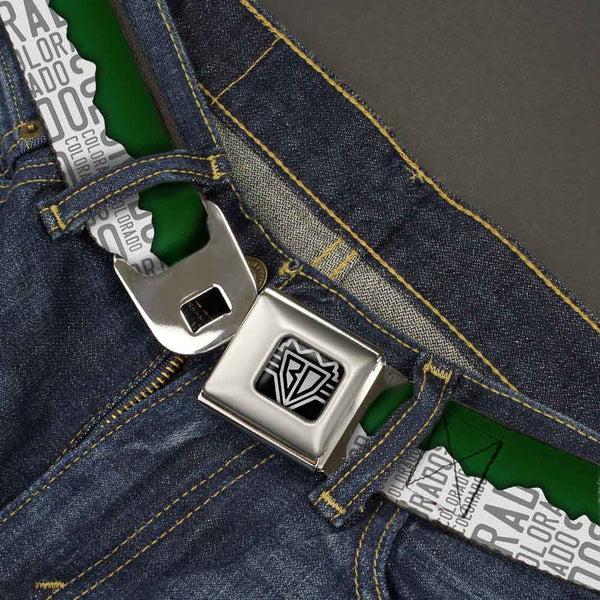Buckle-Down BD Wings Logo CLOSE-UP Full Color Black Silver Seatbelt Belt - Colorado Mountains Green/White/Gray Text Webbing