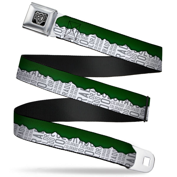 Buckle-Down BD Wings Logo CLOSE-UP Full Color Black Silver Seatbelt Belt - Colorado Mountains Green/White/Gray Text Webbing