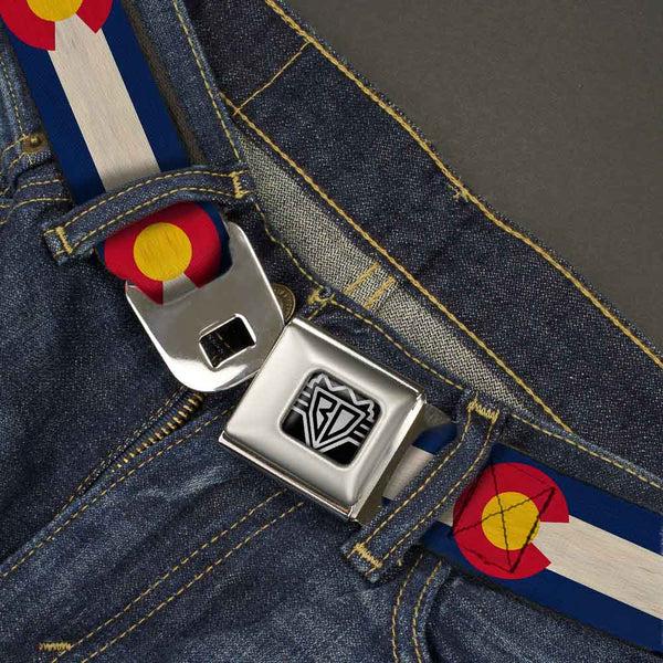 Buckle-Down BD Wings Logo CLOSE-UP Full Color Black Silver Seatbelt Belt - Colorado Flags2 Repeat Vintage2 Webbing