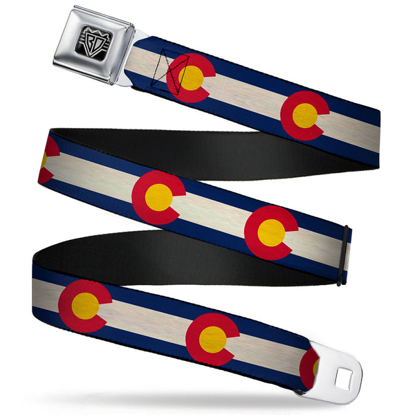 Buckle-Down BD Wings Logo CLOSE-UP Full Color Black Silver Seatbelt Belt - Colorado Flags2 Repeat Vintage2 Webbing