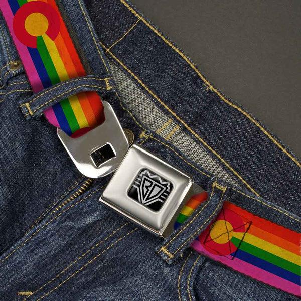 Buckle-Down BD Wings Logo CLOSE-UP Full Color Black Silver Seatbelt Belt - Colorado Flags2 Pride Vintage Webbing