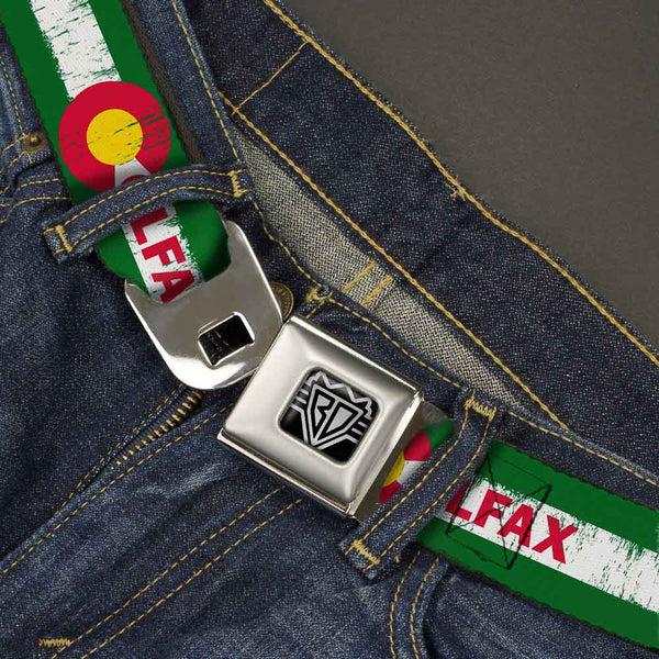 Buckle-Down BD Wings Logo CLOSE-UP Full Color Black Silver Seatbelt Belt - COLFAX Green Stripe Weathered Webbing