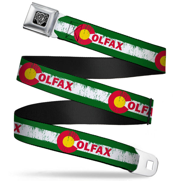 Buckle-Down BD Wings Logo CLOSE-UP Full Color Black Silver Seatbelt Belt - COLFAX Green Stripe Weathered Webbing