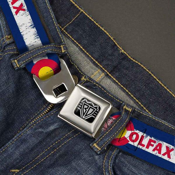 Buckle-Down BD Wings Logo CLOSE-UP Full Color Black Silver Seatbelt Belt - COLFAX Colorado Flag Weathered Webbing