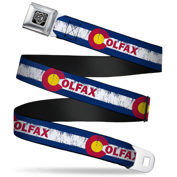 Buckle-Down BD Wings Logo CLOSE-UP Full Color Black Silver Seatbelt Belt - COLFAX Colorado Flag Weathered Webbing