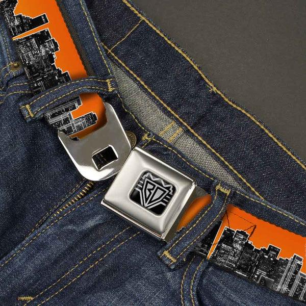 Buckle-Down BD Wings Logo CLOSE-UP Full Color Black Silver Seatbelt Belt - San Francisco Vivid Skyline Orange Fade/Black Webbing