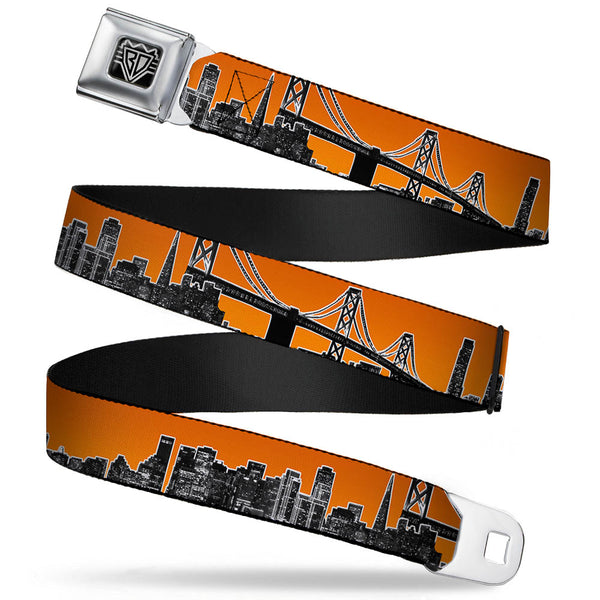 Buckle-Down BD Wings Logo CLOSE-UP Full Color Black Silver Seatbelt Belt - San Francisco Vivid Skyline Orange Fade/Black Webbing