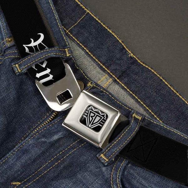 Buckle-Down BD Wings Logo CLOSE-UP Full Color Black Silver Seatbelt Belt - VENICE Old English Black/White Webbing
