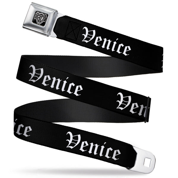 Buckle-Down BD Wings Logo CLOSE-UP Full Color Black Silver Seatbelt Belt - VENICE Old English Black/White Webbing