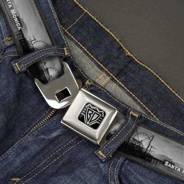 Buckle-Down BD Wings Logo CLOSE-UP Full Color Black Silver Seatbelt Belt - Vivid SANTA MONICA Pier Skyline Grays/White Webbing