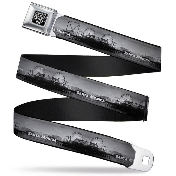 Buckle-Down BD Wings Logo CLOSE-UP Full Color Black Silver Seatbelt Belt - Vivid SANTA MONICA Pier Skyline Grays/White Webbing