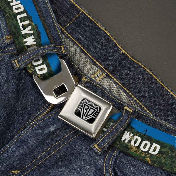 Buckle-Down BD Wings Logo CLOSE-UP Full Color Black Silver Seatbelt Belt - Vivid HOLLYWOOD Sign Webbing