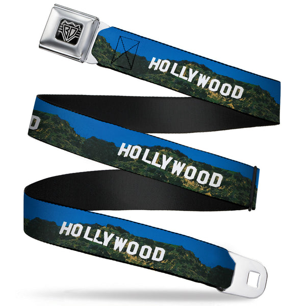 Buckle-Down BD Wings Logo CLOSE-UP Full Color Black Silver Seatbelt Belt - Vivid HOLLYWOOD Sign Webbing