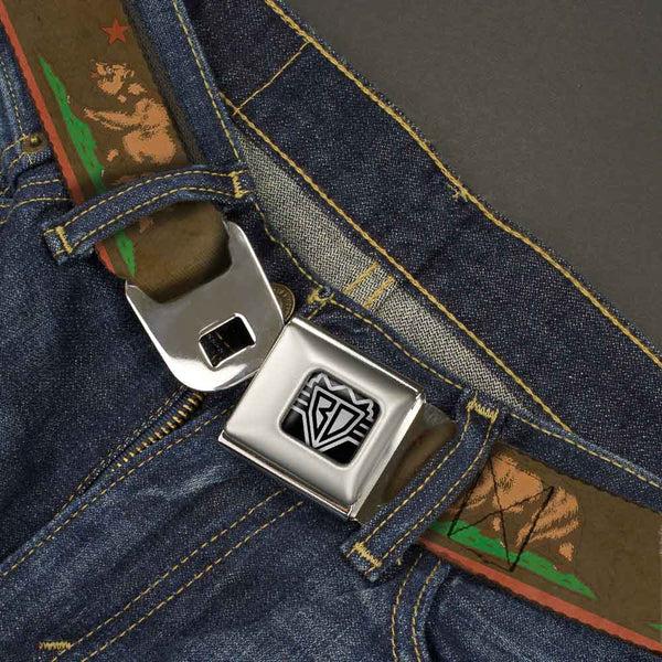 Buckle-Down BD Wings Logo CLOSE-UP Full Color Black Silver Seatbelt Belt - California Flag Weathered Browns Webbing