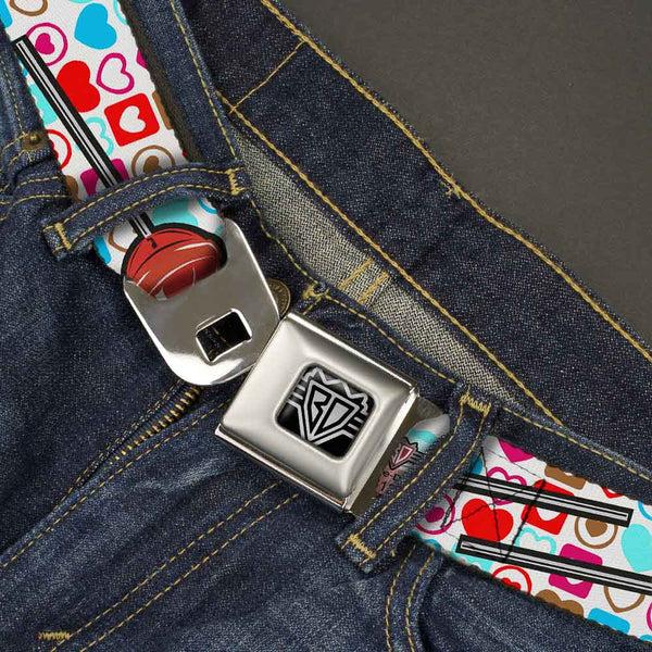 Buckle-Down BD Wings Logo CLOSE-UP Full Color Black Silver Seatbelt Belt - Lollipop Hearts White Webbing