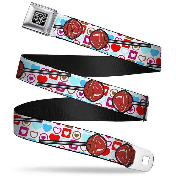 Buckle-Down BD Wings Logo CLOSE-UP Full Color Black Silver Seatbelt Belt - Lollipop Hearts White Webbing