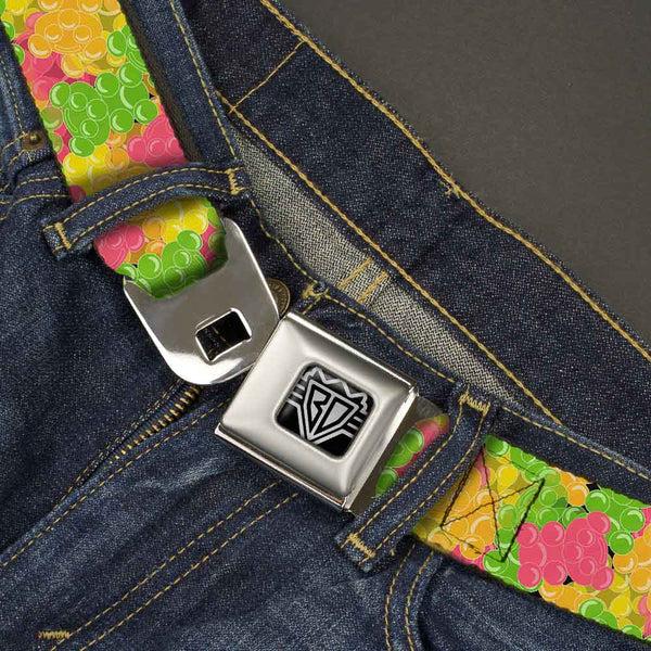 Buckle-Down BD Wings Logo CLOSE-UP Full Color Black Silver Seatbelt Belt - Gummy Bears Stacked Multi Color Webbing