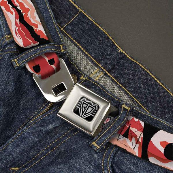 Buckle-Down BD Wings Logo CLOSE-UP Full Color Black Silver Seatbelt Belt - Bacon W/Text1 Webbing