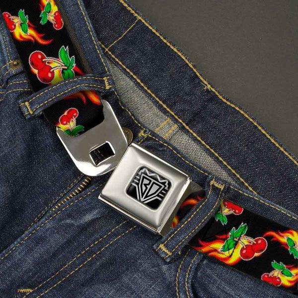 Buckle-Down BD Wings Logo CLOSE-UP Full Color Black Silver Seatbelt Belt - Flaming Cherries Scattered Black Webbing