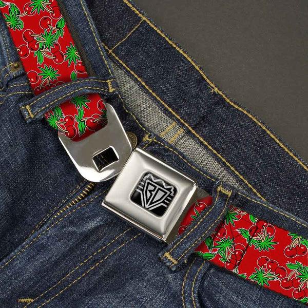 Buckle-Down BD Wings Logo CLOSE-UP Full Color Black Silver Seatbelt Belt - Cherries2 Scattered Red Webbing