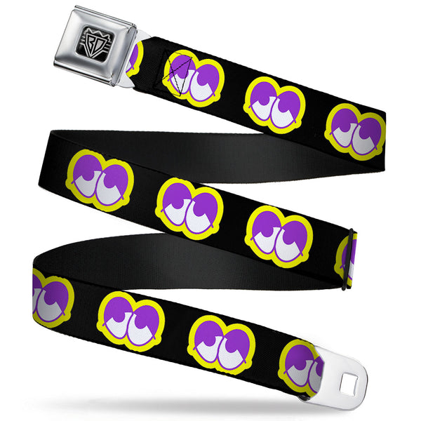 Buckle-Down BD Wings Logo CLOSE-UP Full Color Black Silver Seatbelt Belt - Dopey Eyes Black/Yellow/Purple Webbing